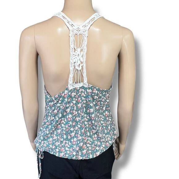Forever 21 Womens Tank Top Crochet Scoop Neck Floral Print Green Pink Large - Picture 4 of 8